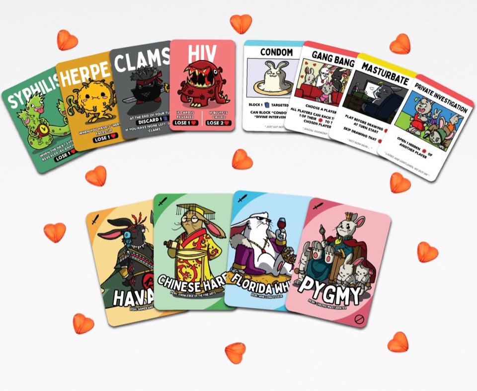 Four King Rabbits card designs showing illustrated rabbit characters with heart suit